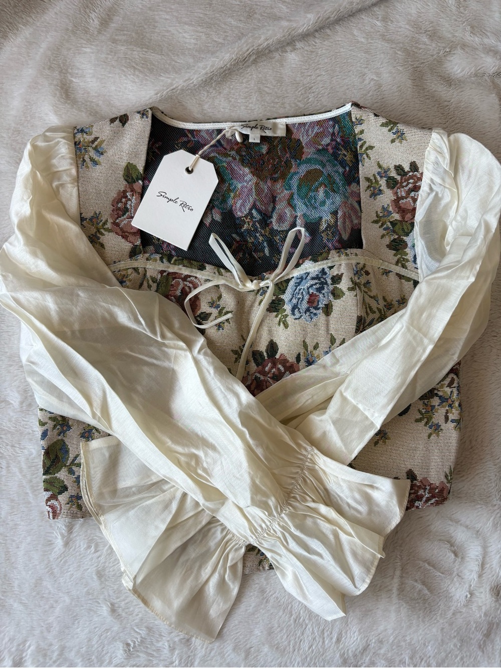 Simple Retro Hana French Square Neck Bow Bell Sleeve Floral Patchwork Edwardian